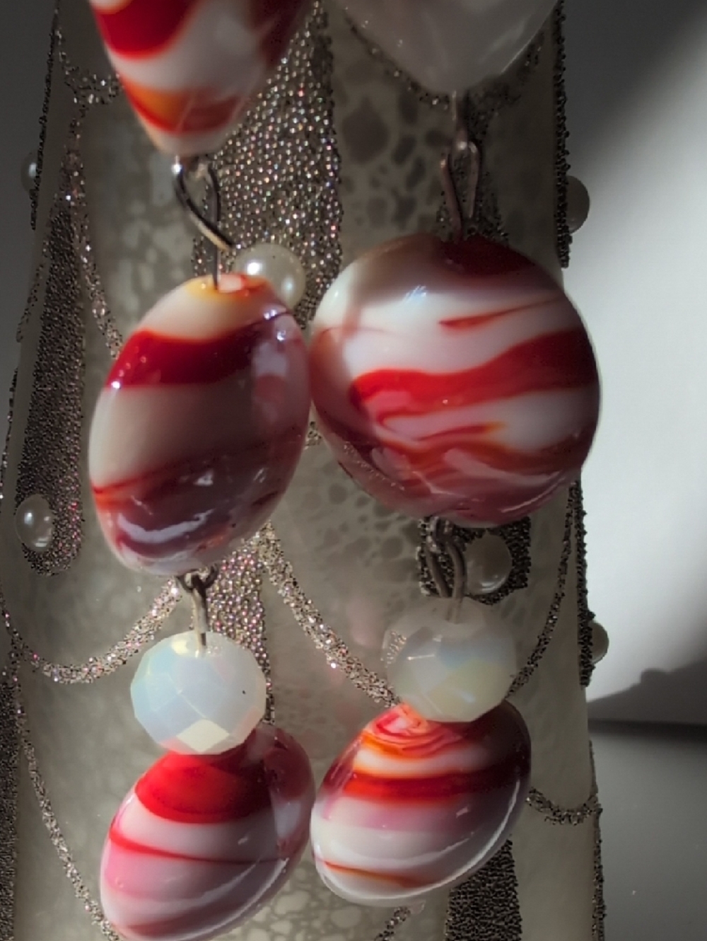 RESERVED Red and White Swirl Bead Dangle Earrings - Women Jewelry - Picture 5 of 5
